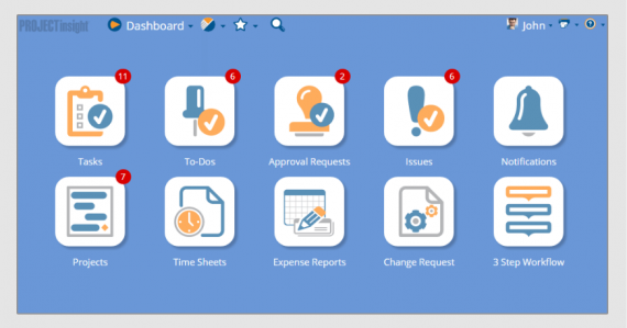 project insight dashboard with icons, project management